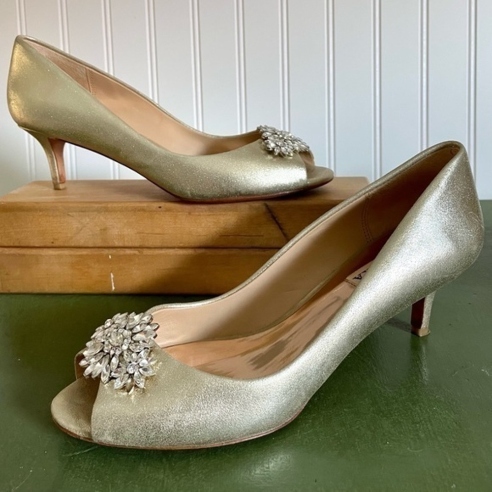 Badgley Mischka Metallic Leather Kitten Heels with Crystal Deco